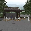 Scenic Public Square Landscape With Traditional Pavilion Trees And Wooden Seats