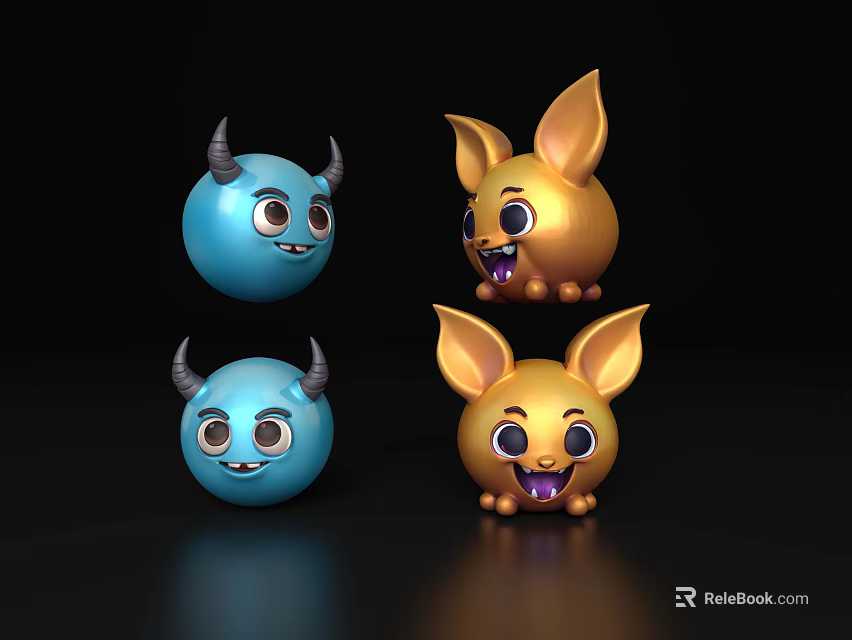 Blue And Gold Cartoon Character Ornament Set With Smiling Faces Horns And Ears 3d model 