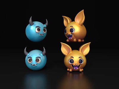 Blue And Gold Cartoon Character Ornament Set With Smiling Faces Horns And Ears 3d model