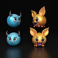 Blue And Gold Cartoon Character Ornament Set With Smiling Faces Horns And Ears