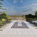 Overhead View Lush Courtyard Garden Landscape With Greenery Water Features Paved Paths And Seating Areas