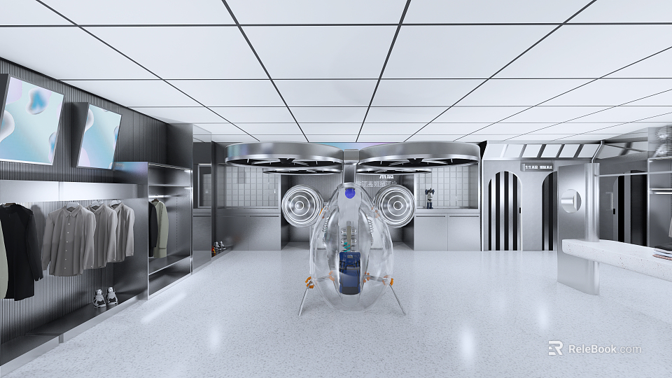 Modern Clothing Store Interior Design With Clothing Racks And Flying Vehicle 3d model 
