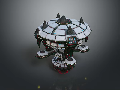 Futuristic White Structure With Spires Multiple Circular Platforms Black Spiked Decorations And Red Base 3d model