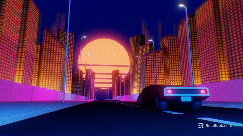 Neon Lit Car On Urban Road With Tall Buildings And Orange Sunset Sky 3d model 