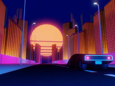 Neon Lit Car On Urban Road With Tall Buildings And Orange Sunset Sky 3d model