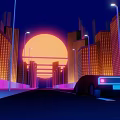 Neon Lit Car On Urban Road With Tall Buildings And Orange Sunset Sky