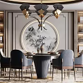 Elegant Modern Dining Room With Round Table Blue Chairs Gold Chandelier Display Shelves And Artwork