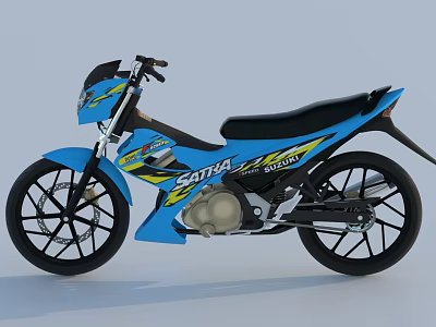 Blue Satria Motorcycle with Yellow Black Stripes Black Seat and Stylish Wheels Design 3d model