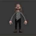 3D Man Character With Long Hair Beard Gray Shirt Black Pants Brown Boots Gray Background