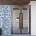 Modern Double Glass Hinged Door With Bronze Metal Frame For Home Exterior Stone Wall