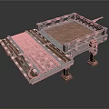 Ornate Metal Platform Structure With Decorative Grid Design And Stone Surface And Carved Legs