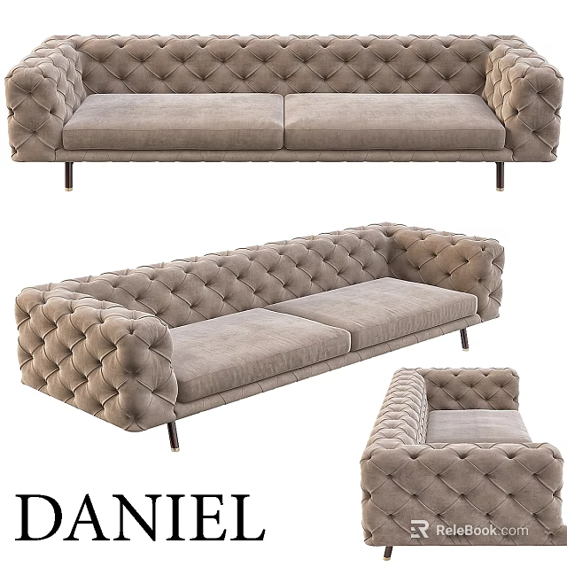 Tufted Beige Velvet Sofa Design With Tufted Armrests And Dark Metal Legs 3d model 