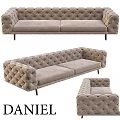 Tufted Beige Velvet Sofa Design With Tufted Armrests And Dark Metal Legs