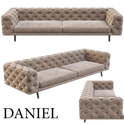 Tufted Beige Velvet Sofa Design With Tufted Armrests And Dark Metal Legs 3d model