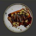Roasted Duck Breast Slices With Hazelnuts Raspberries And Root Vegetable Purée On Ceramic Plate