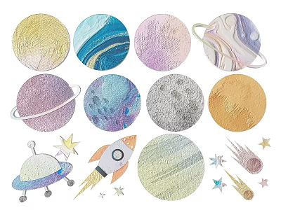 Colorful Space Themed Wall Decor With Planets Rocket Stars And Meteor Elements 3d model