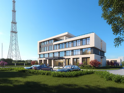 Modern Office Building With Large Glass Windows Landscaped Lawn And Parking Area Under Blue Sky 3d model
