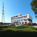Modern Office Building With Large Glass Windows Landscaped Lawn And Parking Area Under Blue Sky