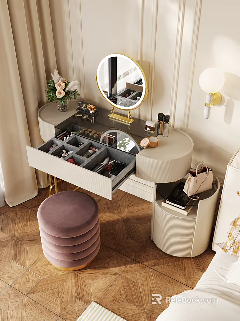 Modern Makeup Vanity with Round Gold Mirror Open Drawer Cosmetics Storage and Purple Velvet Stool 3d model 