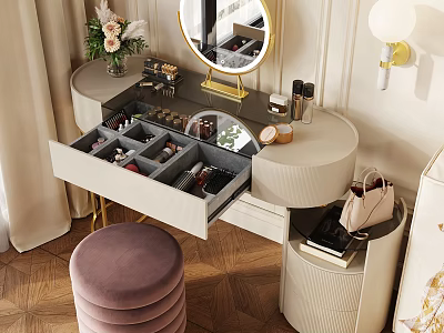 Modern Makeup Vanity with Round Gold Mirror Open Drawer Cosmetics Storage and Purple Velvet Stool 3d model