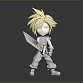 Chibi Style Character With Spiky Blonde Hair Holding Large Sword White Outfit And White Shoes