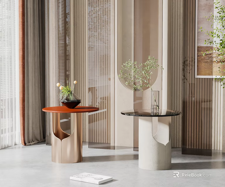 Modern Side Tables With Orange Gold And Black White Bases In Interior With Decorative Plants 3d model 