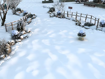 Arbor in Snowy Landscape With Fence Stones Potted Plants And Snow Covered Ground 3d model