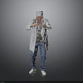 Man in White Chef Hat and White Coat with Blue Jeans Standing on Gray Background