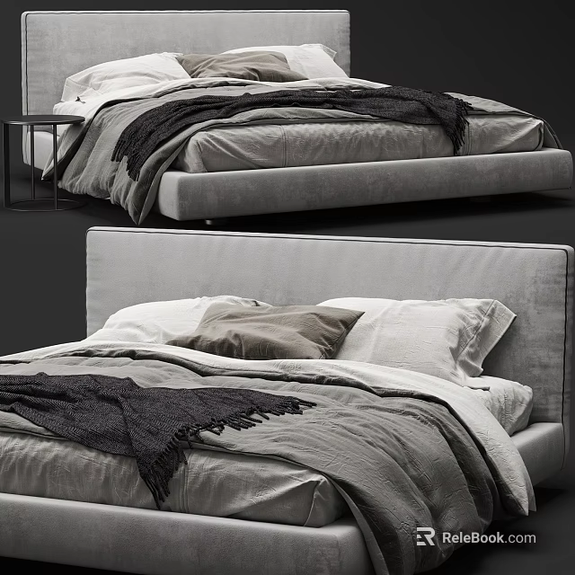 Modern Minimalist Double Bed With Gray Headboard White Bedding And Dark Blanket 3d model 
