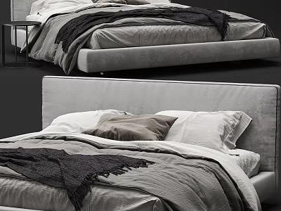 Modern Minimalist Double Bed With Gray Headboard White Bedding And Dark Blanket 3d model
