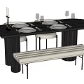 Modern Dining Table Set With Black Tabletop Cylindrical Legs White Bench And Dinnerware 3d model
