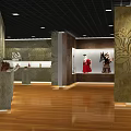 Cultural Center Showcasing Traditional Statues in Glass Cases with Decorative Walls and Wooden Floors