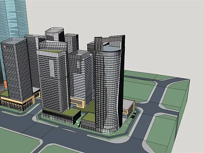 Modern High Rise Office Buildings in Urban Area With Roads And Green Spaces 3d model
