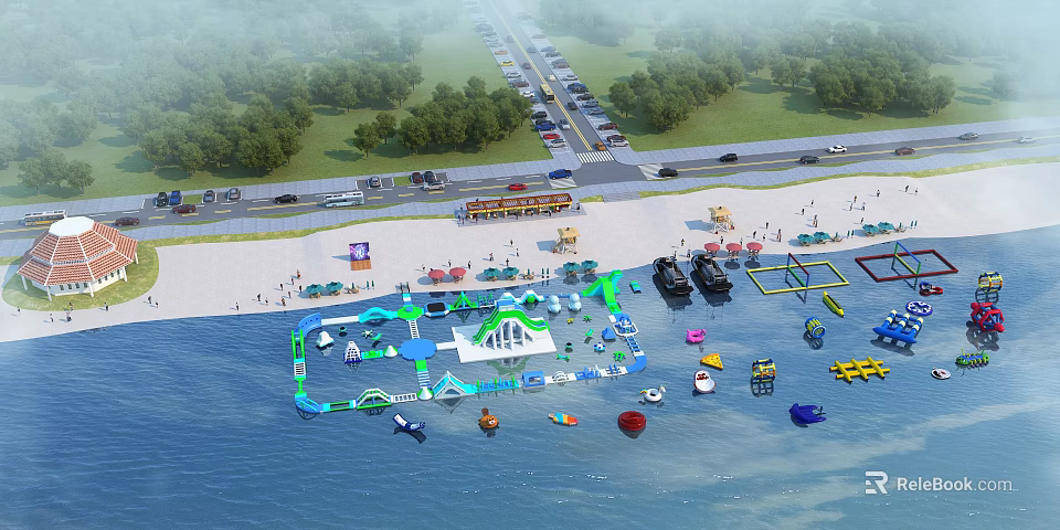 Aerial View Planning of Waterfront Recreational Area With Water Park Beach Parking Lot And Greenery 3d model 