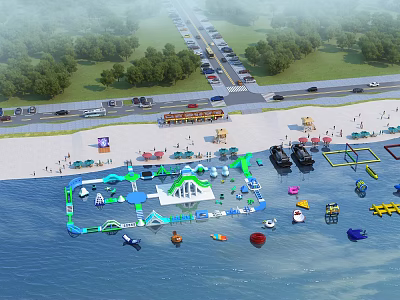 Aerial View Planning of Waterfront Recreational Area With Water Park Beach Parking Lot And Greenery 3d model