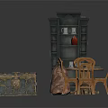 Architectural Interior Featuring Black Tall Cabinet Carved Chest Bronze Vase And Wooden Table Chairs