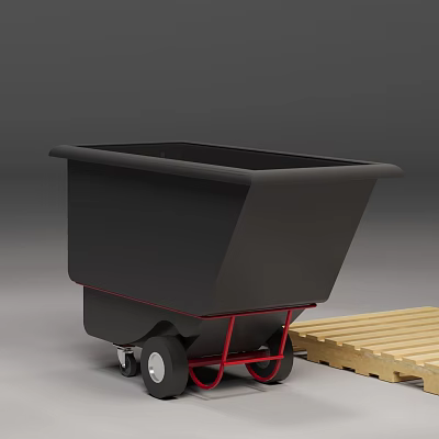 Black Functional Cart with Red Frame and Wheels Next to Wooden Pallet for Industrial Use 3d model