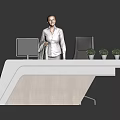 Modern Reception Desk Interior Design With Computer Monitor And Potted Plants