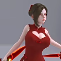 Game Movie Character In Red Qipao With Heart Shaped Neckline Holding Dual Swords
