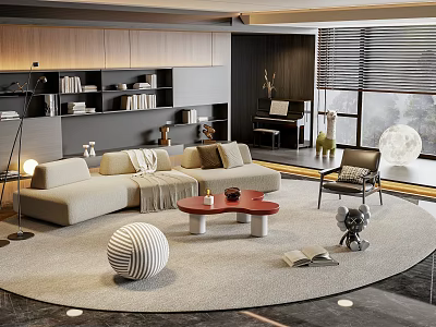 Modern Light Beige L shaped Sofa Coffee Table Set with Throw Pillows Blanket in Living Room 3d model