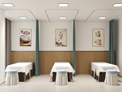Therapy Room Interior With Three Massage Beds Stools Decorative Paintings White Wooden Walls And Blue Curtains 3d model