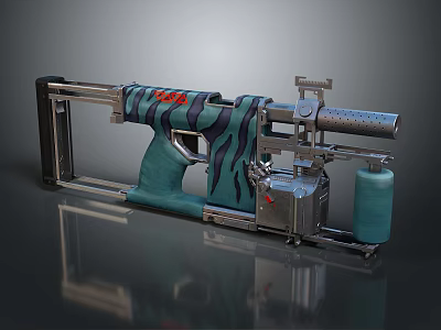 Green and Black Striped Weapon With Metal Components And Blue Gas Cylinder 3d model