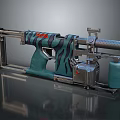Green and Black Striped Weapon With Metal Components And Blue Gas Cylinder