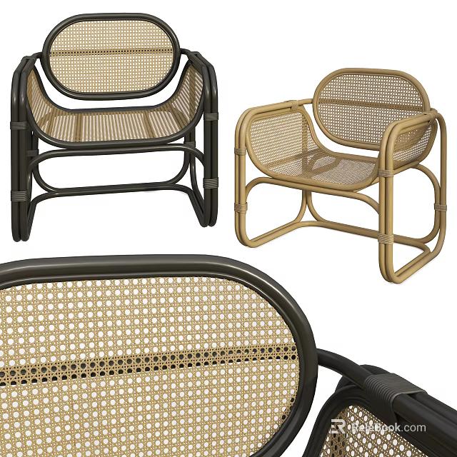 Modern Rattan Lounge Chair With Black And Gold Metal Frame And Woven Seat Backrest 3d model 