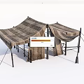 Two Striped Fabric Tents With Metal Frame And Support Ropes For Outdoor Use