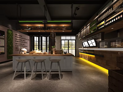 Modern Dessert Shop Interior With Open Counter Stools Hanging Lights And Green Plants 3d model