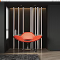 Modern Red Accent Chair Featuring Curved Design Metal Base And Vertical Slat Wall Panel