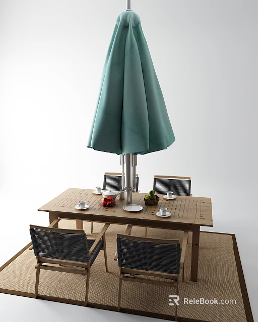 Wooden Outdoor Table with Green Umbrella and Wicker Chairs Topped with Cups Fruits Potted Plant 3d model 