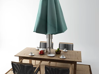 Wooden Outdoor Table with Green Umbrella and Wicker Chairs Topped with Cups Fruits Potted Plant 3d model