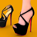 Black High Heels With Red Heels On Yellow Background One Foot Wearing The Other Beside